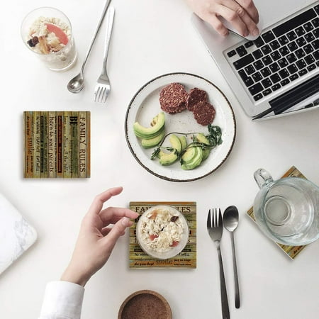 

KXMDXA Family Rules on Retro Old Wood Barn Planks Set of 8 Coaster for Drinks Absorbent Ceramic Stone Coasters Cup Mat with Cork Base for Home Kitchen Room Coffee Table Bar Decor