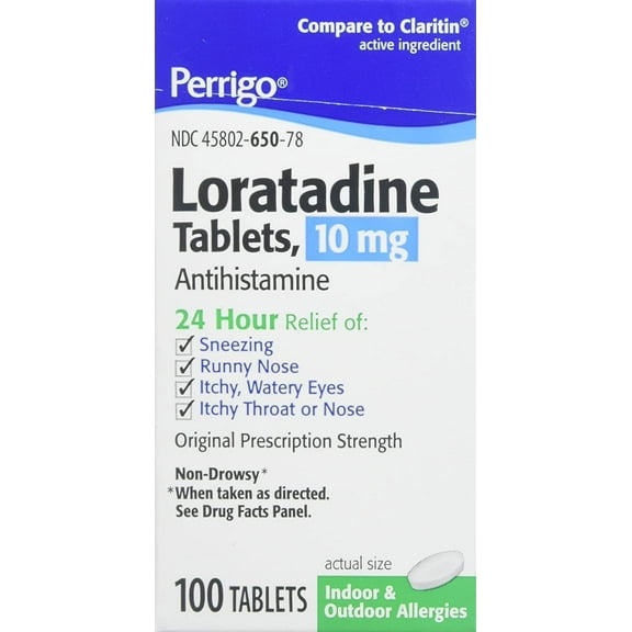 Perrigo 24 Hour Allergy Relief, Loratadine 10mg, 100 Tablets per Bottle (2 Bottles)