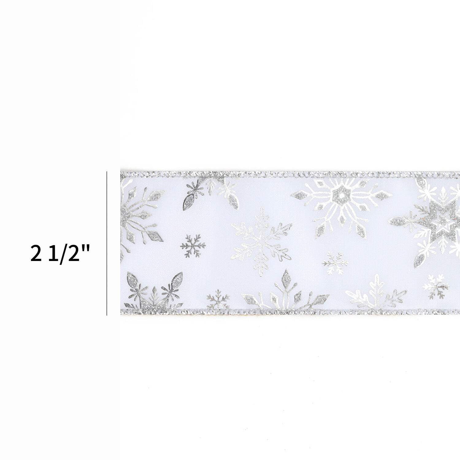 LaRibbons 2 1/2" Wired Ribbon | "Metallic Snowflake" White/Silver | 10 Yard Roll