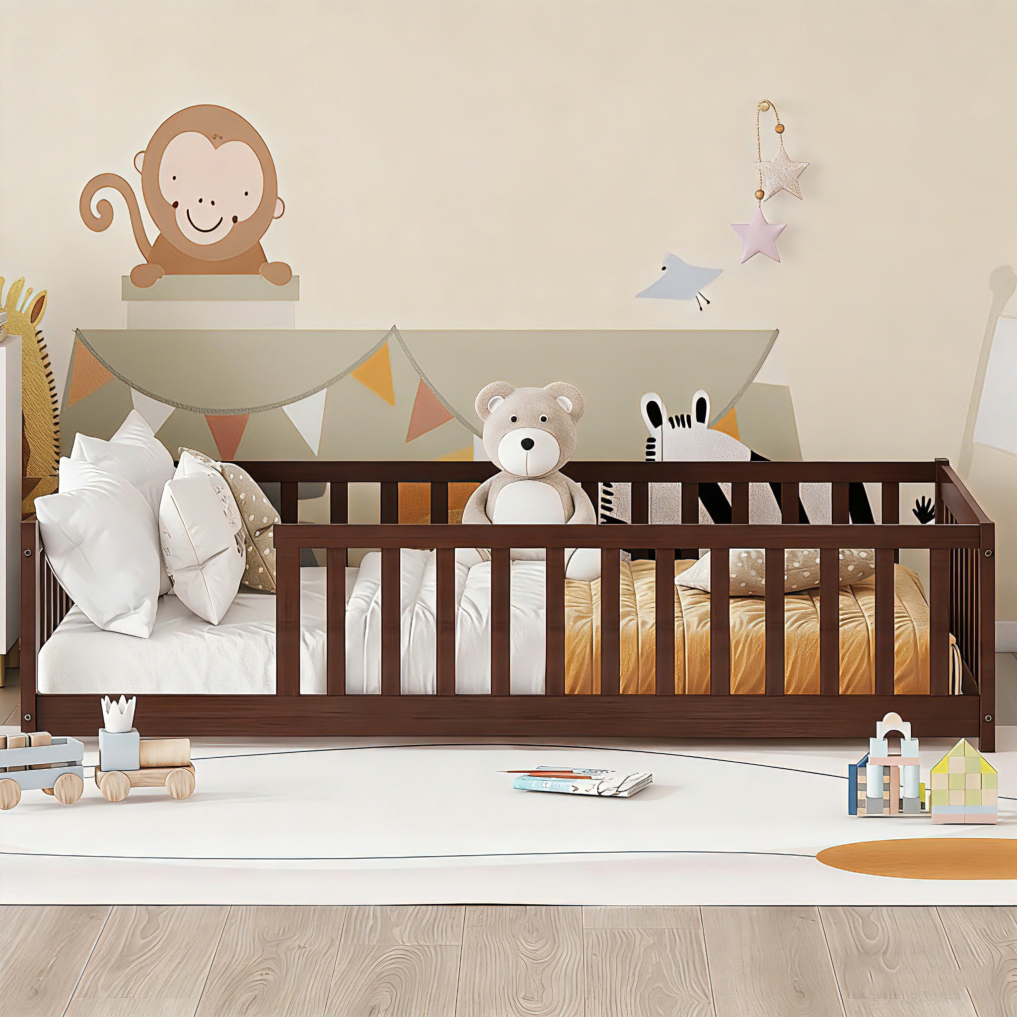 Bellemave Twin Size Floor Beds, Wood Montessori Bed with Fence Railings & Support Slats, No Box Spring Needed (Espresso）
