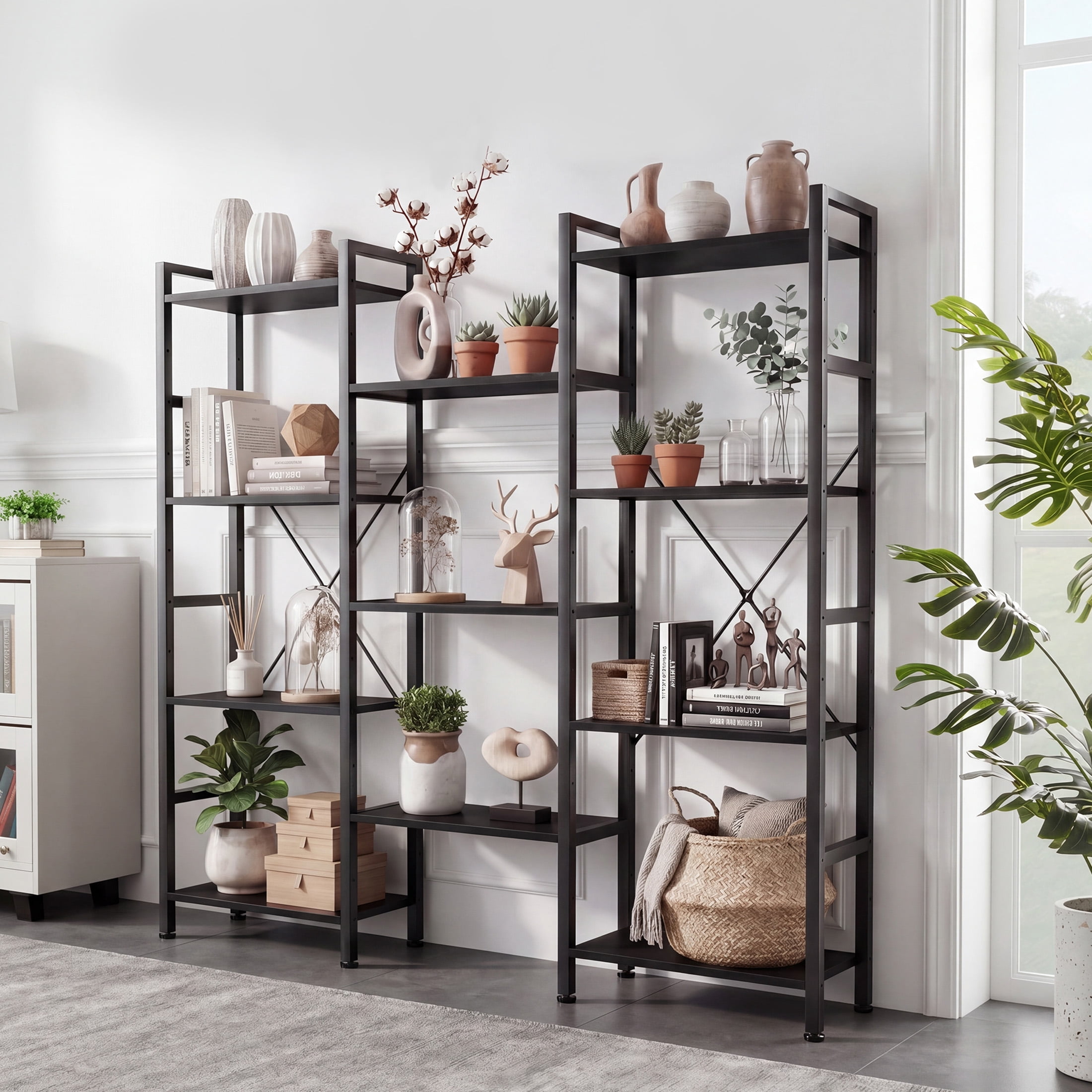 CONCETTA Triple 4-Tier Bookshelf with 11 Open Display Shelves, Adjustable Storage Bookcase for Home & Office, Sturdy Steel Frame and Wood Construction, Anti-Tip and Adjustable Feet, Black