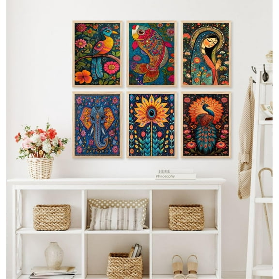 Traditional Madhubani Colorful Canvas Unframed Painting for Wall Decoration Wall Paintings for Living Room, Bedroom,Hall,Kids Room (10x13 Inch) Set of 6