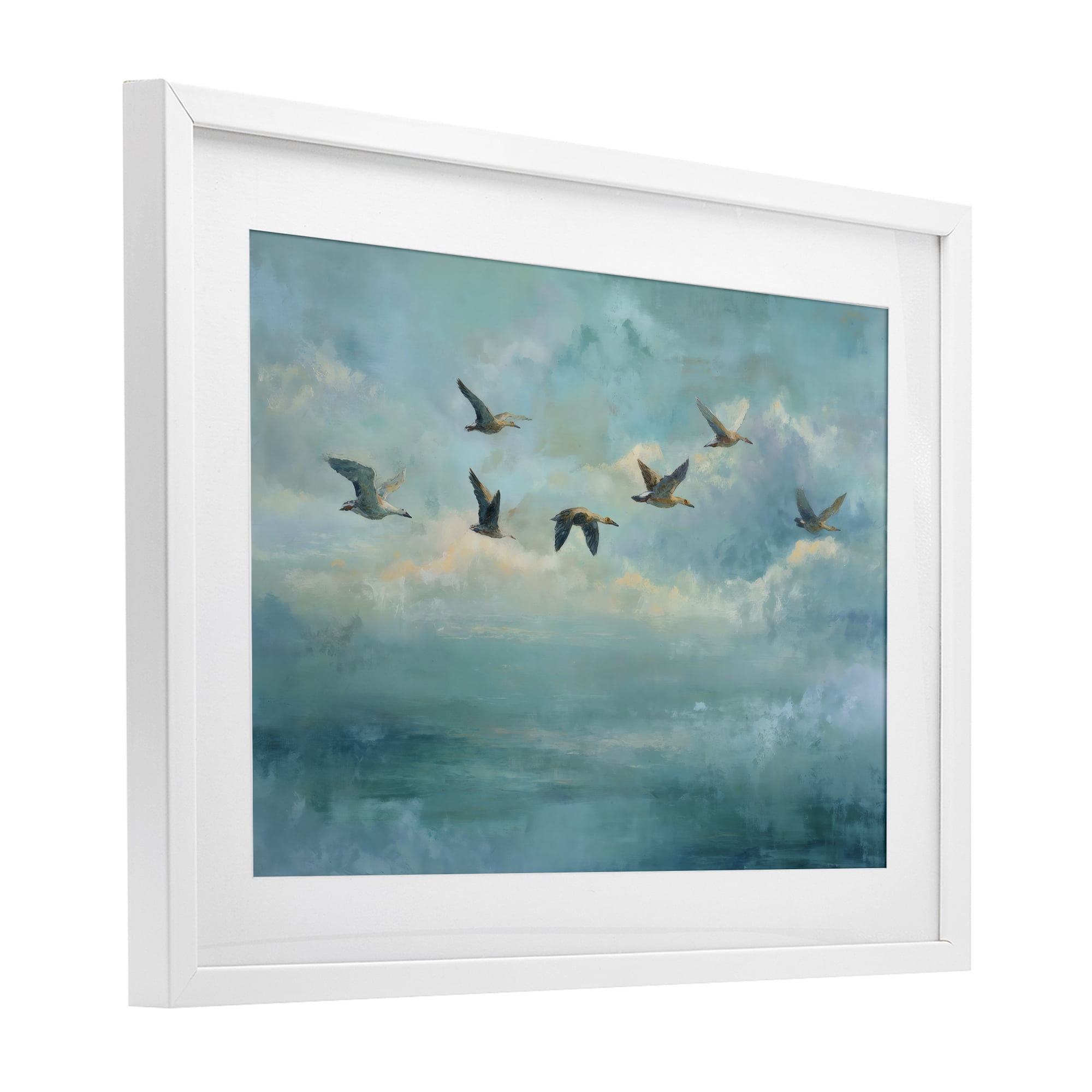 Stupell Industries Blue Skies Geese White Framed Print Under Glass, design by Petal Prints Design