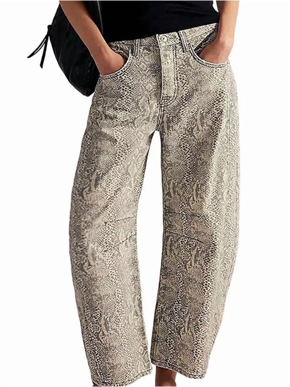 Women's Mid Rise Printed Wide Leg Boyfriend Curved Denim Jeans Python Pattern M
