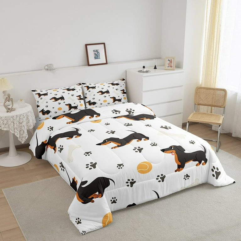 YST Cartoon Dachshund Bedding Set Queen Softball Baseball Comforter Set for Boys Girls Grey Dog Paw Print Duvet Insert Cute Animal Pet Quilt Set Puppy Dog Lovers Bedding Comforters Sets White