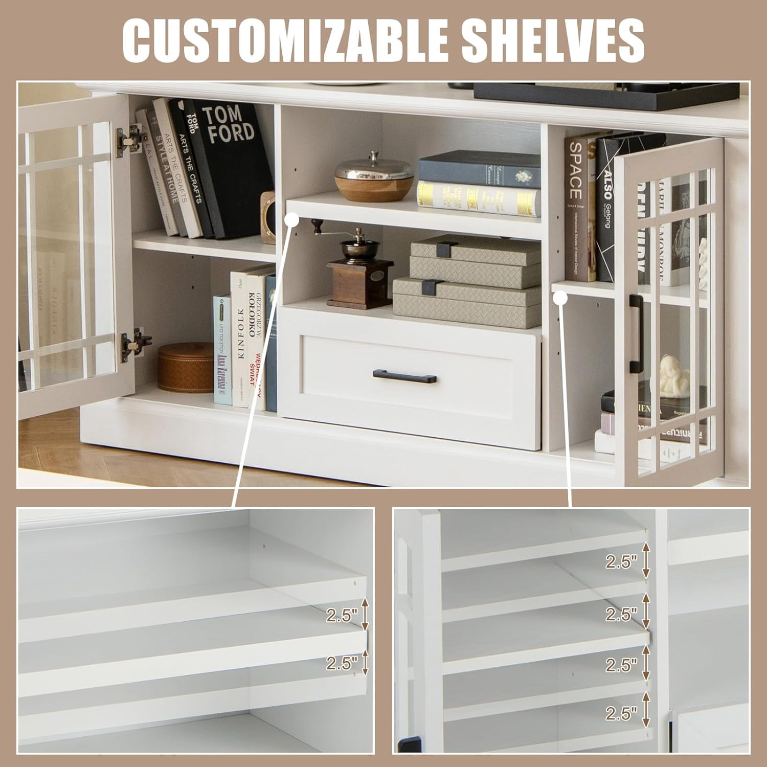 70" TV Stand, Farmhouse Wood TV Cabinet Entertainment Center, Glass Doors Cubbies and Drawer, White
