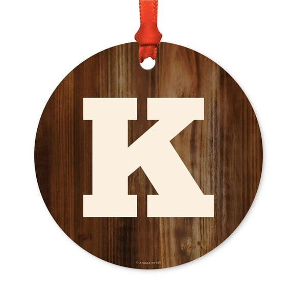 Metal Christmas Ornament, Monogram Letter K, Rustic Wood, Includes Ribbon and Gift Bag