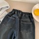 thumbnail image 5 of Pantalones vaqueros largos de moda para niñas, vaqueros con cintura elástica y ribete de encaje, pantalones casuales holgados y ligeramente acampanados, pantalones cómodos, pantalones de poliéster par, 5 of 6