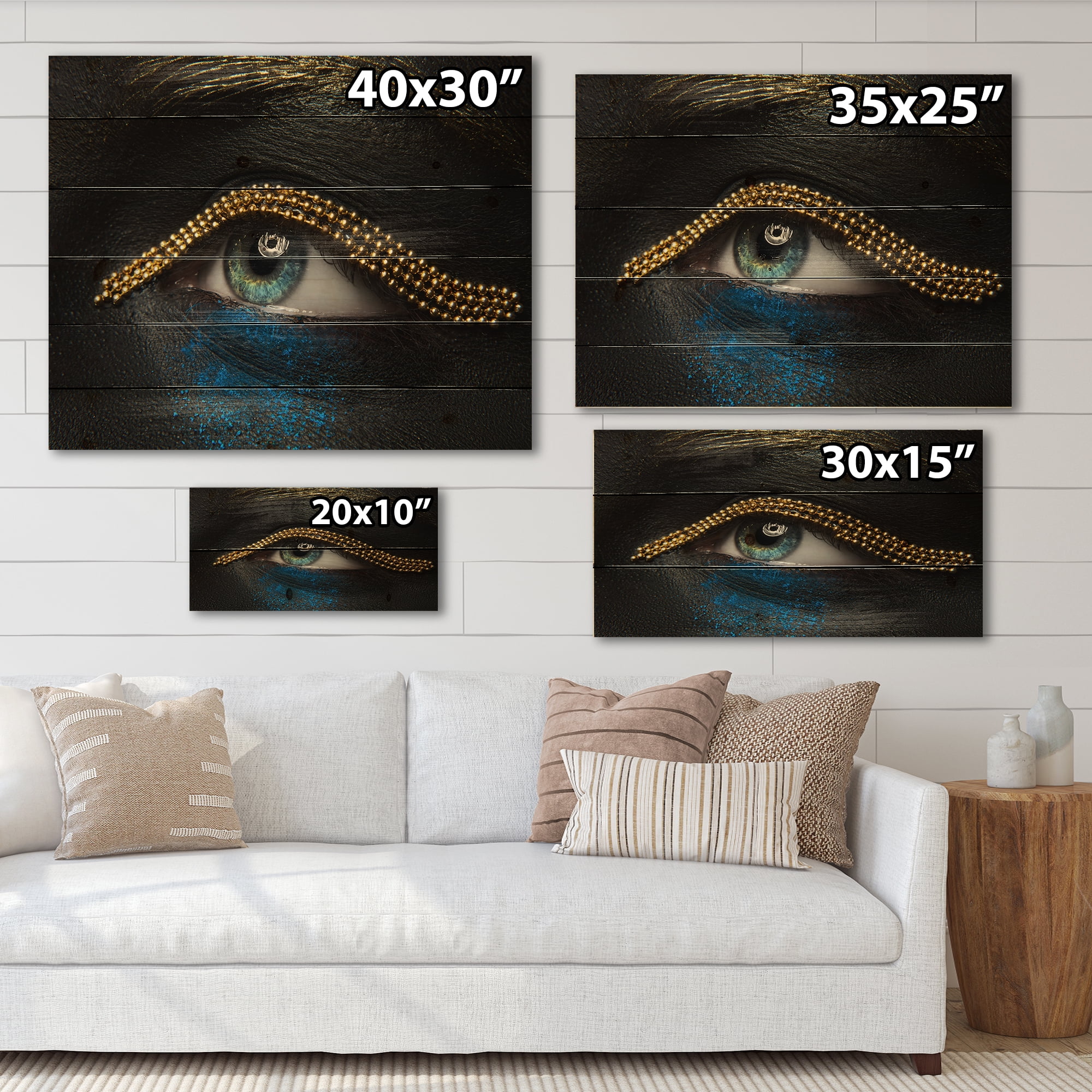 Designart 'Woman Eyes With Black Skin With A Gold Chain' Modern Print on Natural Pine Wood
