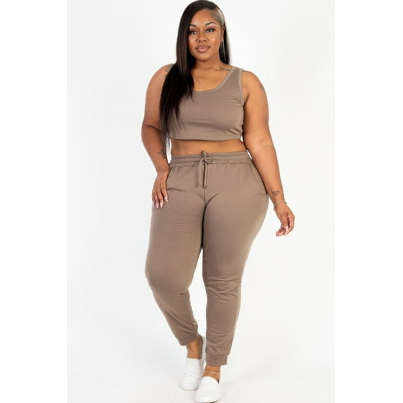 Plus Size French Terry Cropped Tank Top & Joggers Set