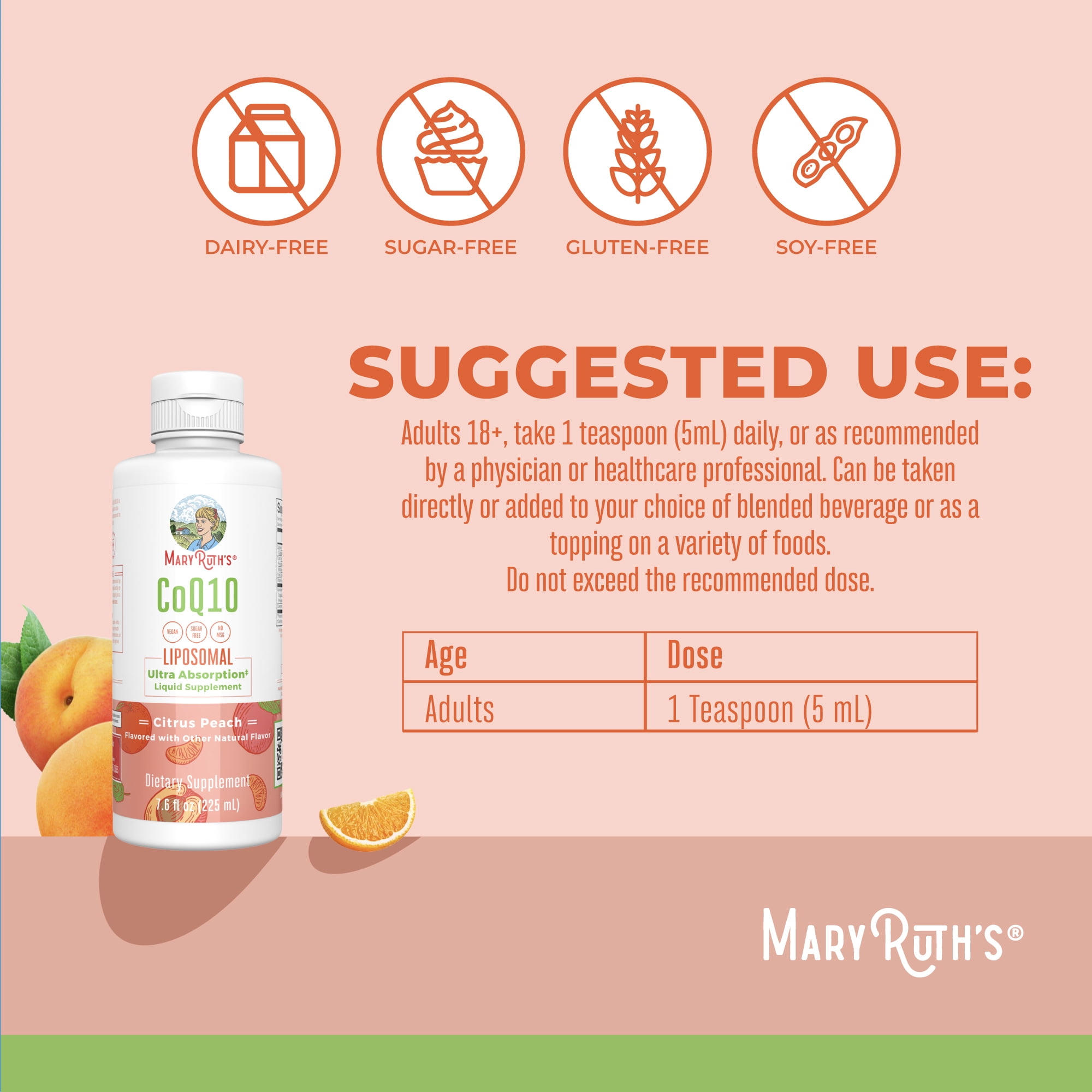 (2 pack) MaryRuth's Liquid Liposomal CoQ10 High Potency Antioxidant Energy Support Vegan Dairy-Free Gluten-Free Citrus Peach Flavor 7.6 fl oz