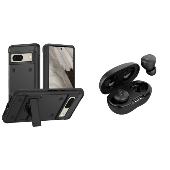 BEMZ Rugged Impact Resistant Kickstand Armor Case (Black) with Noise-Cancelling Wireless Earbuds with Charging Case for Google Pixel 7a