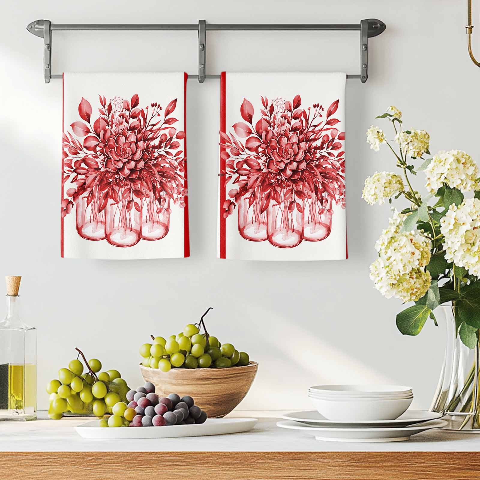 Dish Towels, Red Eucalyptus Leaves Absorbent Kitchen Towels 2 PCS, Floral Vase Stripes Microfiber Hand Towels Dish Cloths Tea Towels for Home&nbsp;Bathroom Cleaning Drying,18X28-Inch,