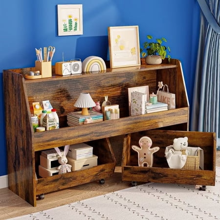 2-Tier Portable Kids Bookshelf with Toy Storage Toy Organizer W/2 Removable Bins with 4 Wheels(Brown)