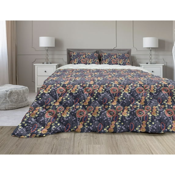 Botanical Comforter & Sham Bedding Set, Colorful Exotic Jungle Night Interpretation, 3 pcs Duvet Set Microfiber Filling Quilt, 5 Sizes, Quartz Salmon, by Ambesonne