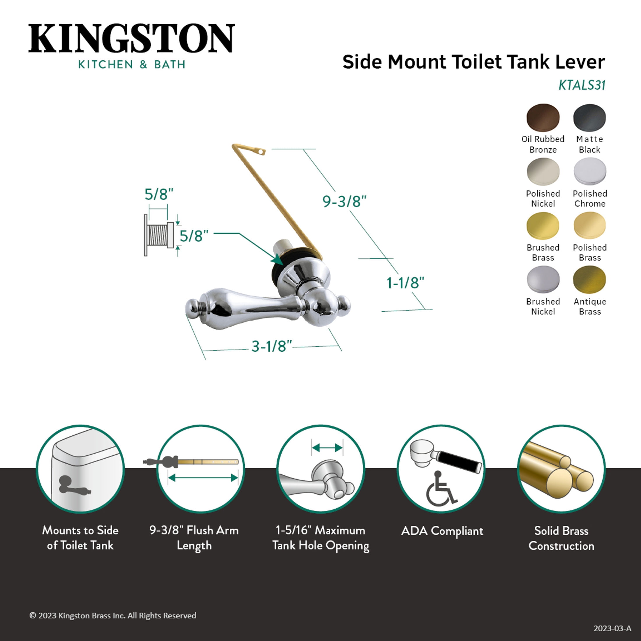Kingston Brass KTALS32 Restoration Side Mount Toilet Tank Lever, Left/Right Installation in Polished Brass