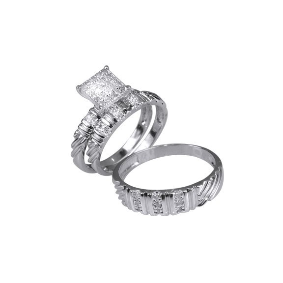 AFFY White Natural Diamond Trio Wedding Bridal Ring Set In 14k White Gold (0.5 Cttw)