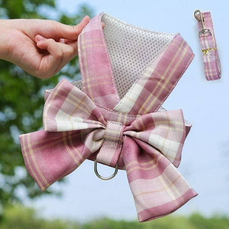 Bow With Breast Strap Dress Skirt Chihuahua Bulldog Lattice Collar Dog Harness Puppy Dress Pets Clothes PINK S VEST