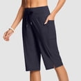 thumbnail image 4 of iHPH7 Women's Casual Pedal Pushers Cropped Pants High Waisted Drawstring Elastic Waist Cargo Pockets Side Slit Detail Lightweight Comfy Summer Lounge Vacation Daily Wear Pedal Pushers Navy M, 4 of 8