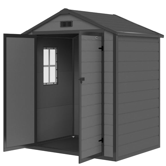 6x4.5FT Outdoor Garden Storage Shed, Grey Plastic & Aluminum Tool House with Lockable Double Doors, Ventilated Window & Peaked Roof for Lawn Mowers, Bikes, and Yard Equipment