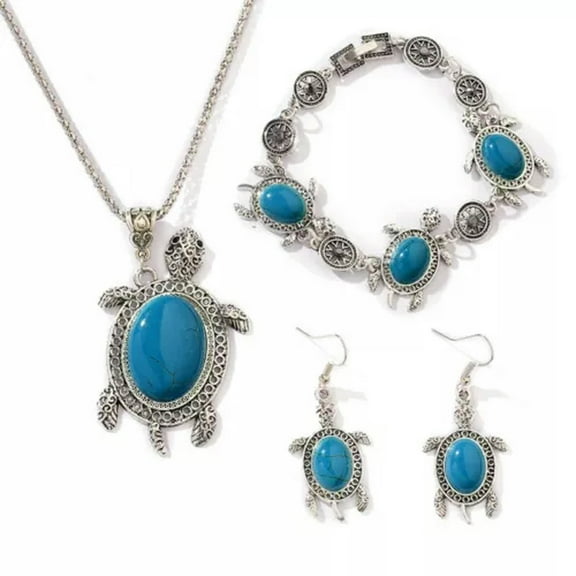 VIVIDELLE Boho Turtle Turquoise Earrings Bracelet Necklace 925 Silver Women Jewelry Set-#2