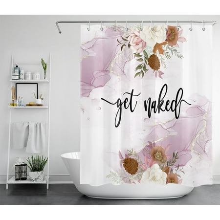 HVEST Get Naked Shower Curtain,Purple Abstract Marble and Watercolor Floral Shower Curtains with Hooks,Modern Art Polyester Waterproof for Bathroom Decor Accessories,60x72 Inch