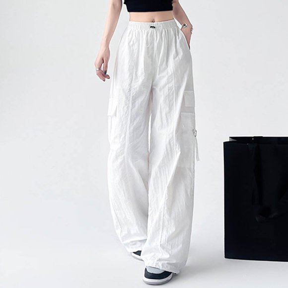 AherBiu Cargo Pants Women Drawstring Mid Waist Straight Wide Leg Trousers with Multi Pockets Streetwear