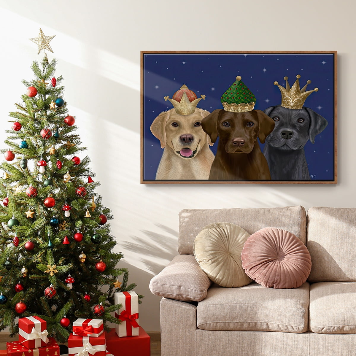 Christmas Labradors, Three Kings - Framed Gallery Wrapped Holiday Canvas - 25 x 37 - Rosewood Frame