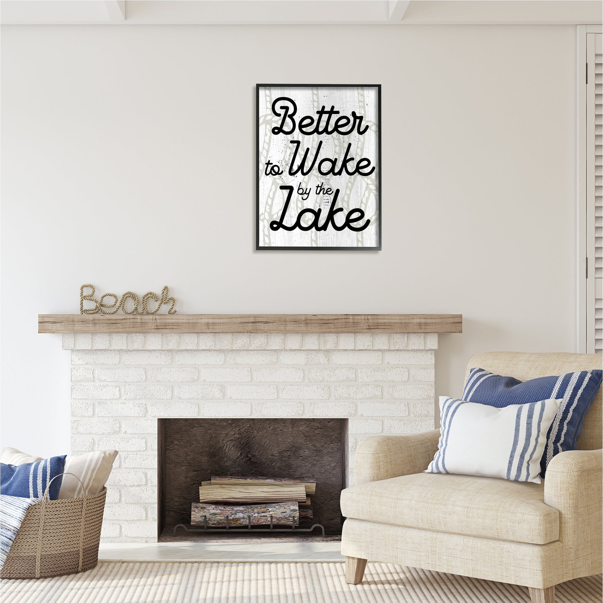 Stupell Industries Lake Phrase on Rope Pattern Inspirational Painting Black Framed Art Print Wall Art, 24 x 30