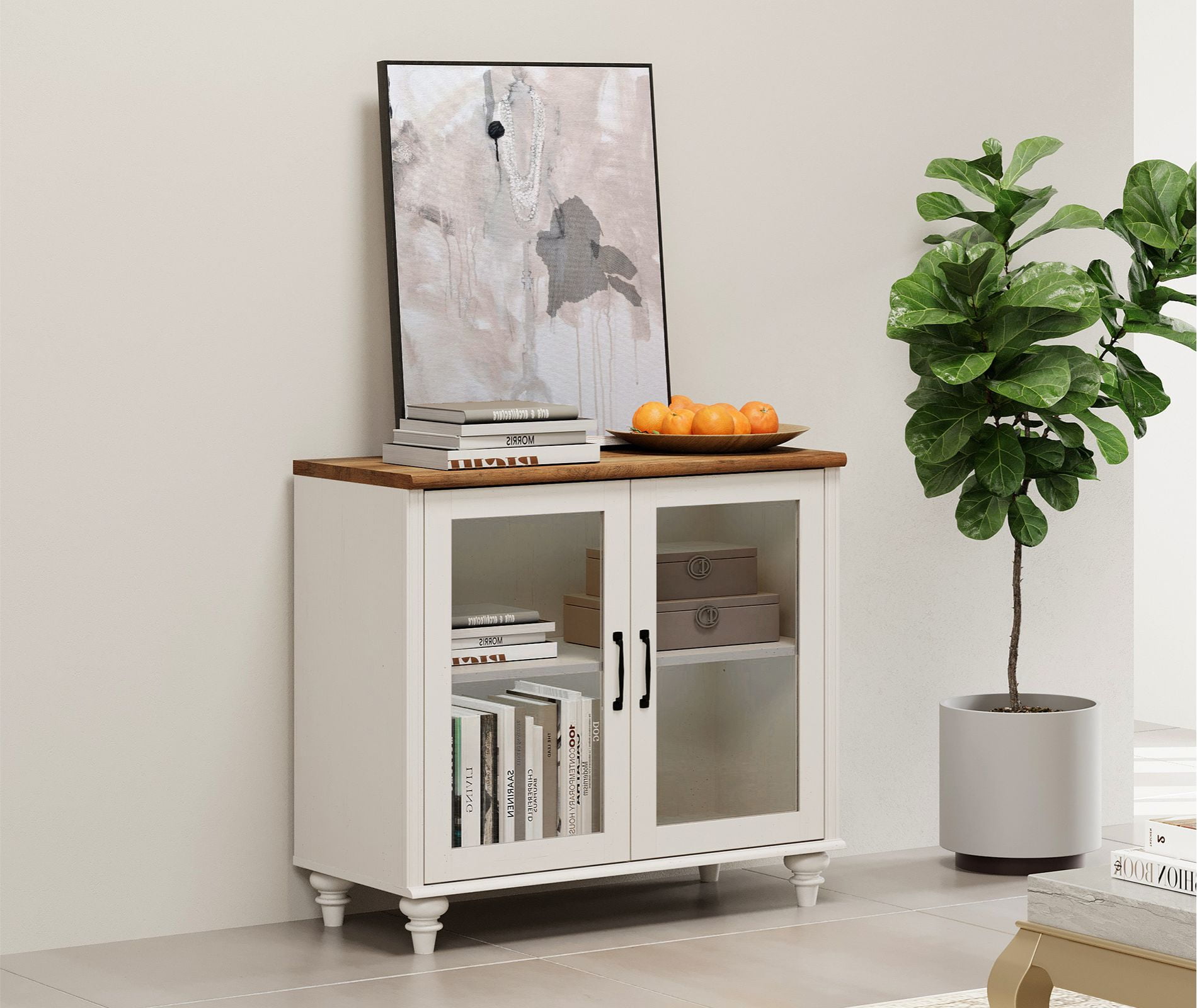 Sideboard Buffet Cabinet with Glass Door, Curved Edge Kitchen Storage Cabinet, Vintage Gourd Leg Wood Coffee Bar Table, Accent Table for Dining Room & Living Room, Off White