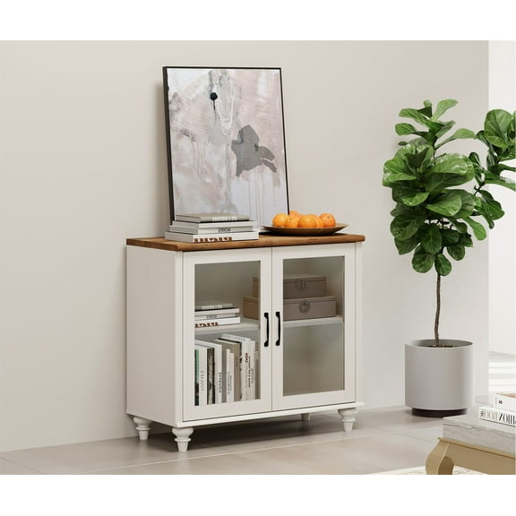TV Stand for 43 Inch TV, Wood Entertainment Center with Glass Door and 2 Storage for Living Room,White/Oak