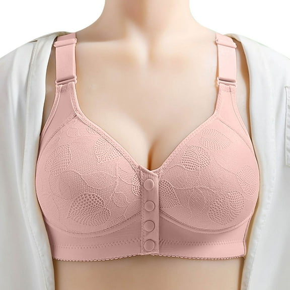 khonts,Women's Front Snap Closure Full Coverage Bra Comfort Senior Wireless Bralettes Breathable Closing Bras Pink 44