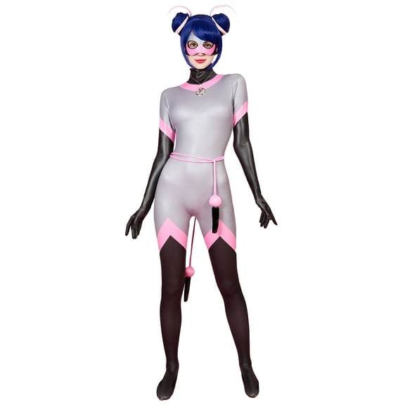 [Officially Licensed] Miraculous Ladybug Multimouse Costume Grey and Pink Elastic Jumpsuit for Halloween, M