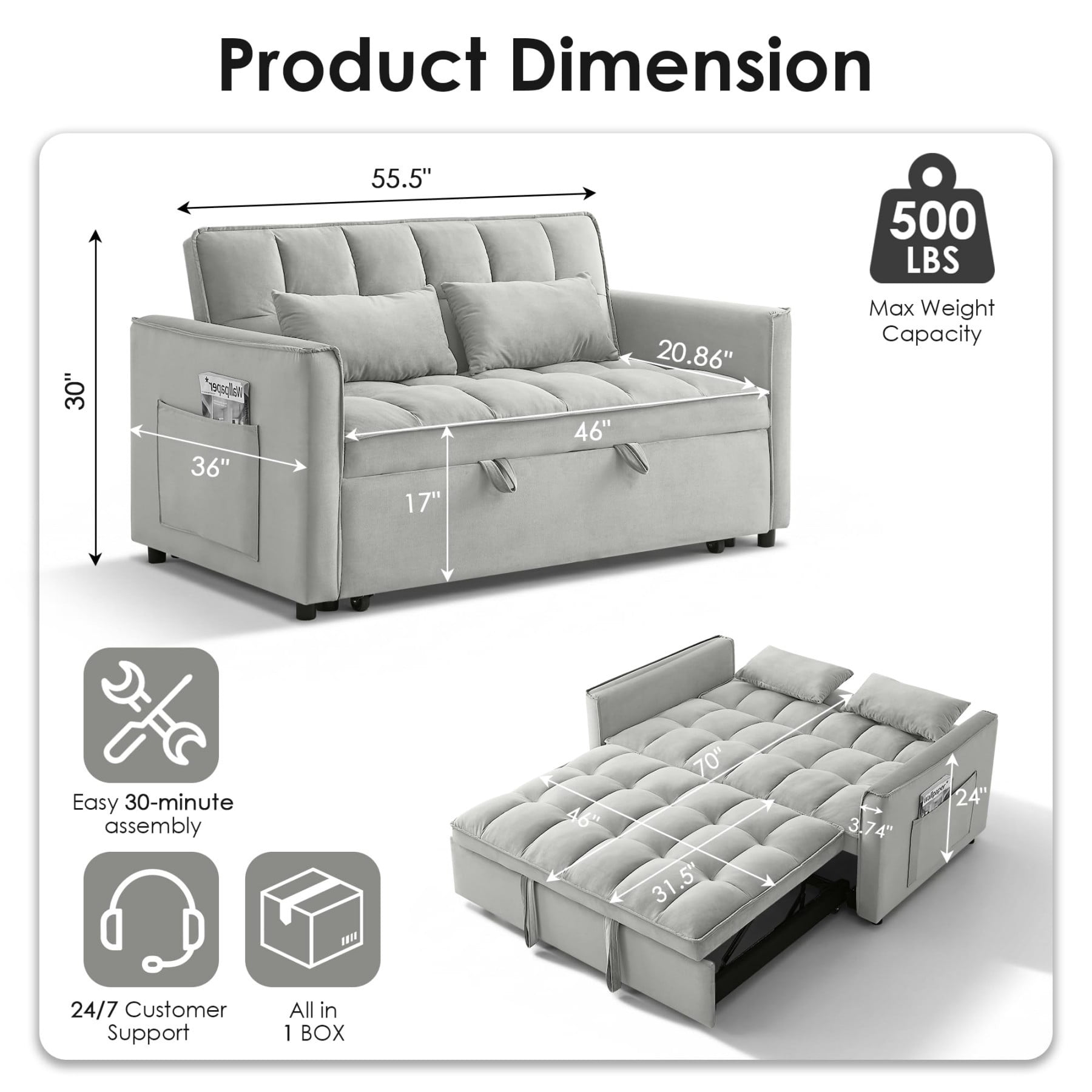 54" 3 in 1 Convertible Velvet Sofa Bed, 3 Position Foldable Sleeper Couch with Adjustable Backrest & Pillows, Light Gray