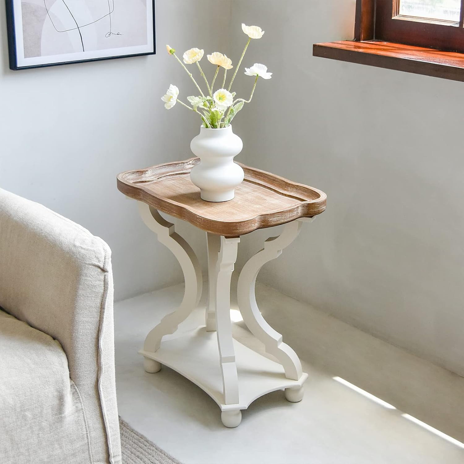 Kinbor Accent Wood Farmhouse End Table Side Tables Nightstand Natural Tray Top and Legs, White