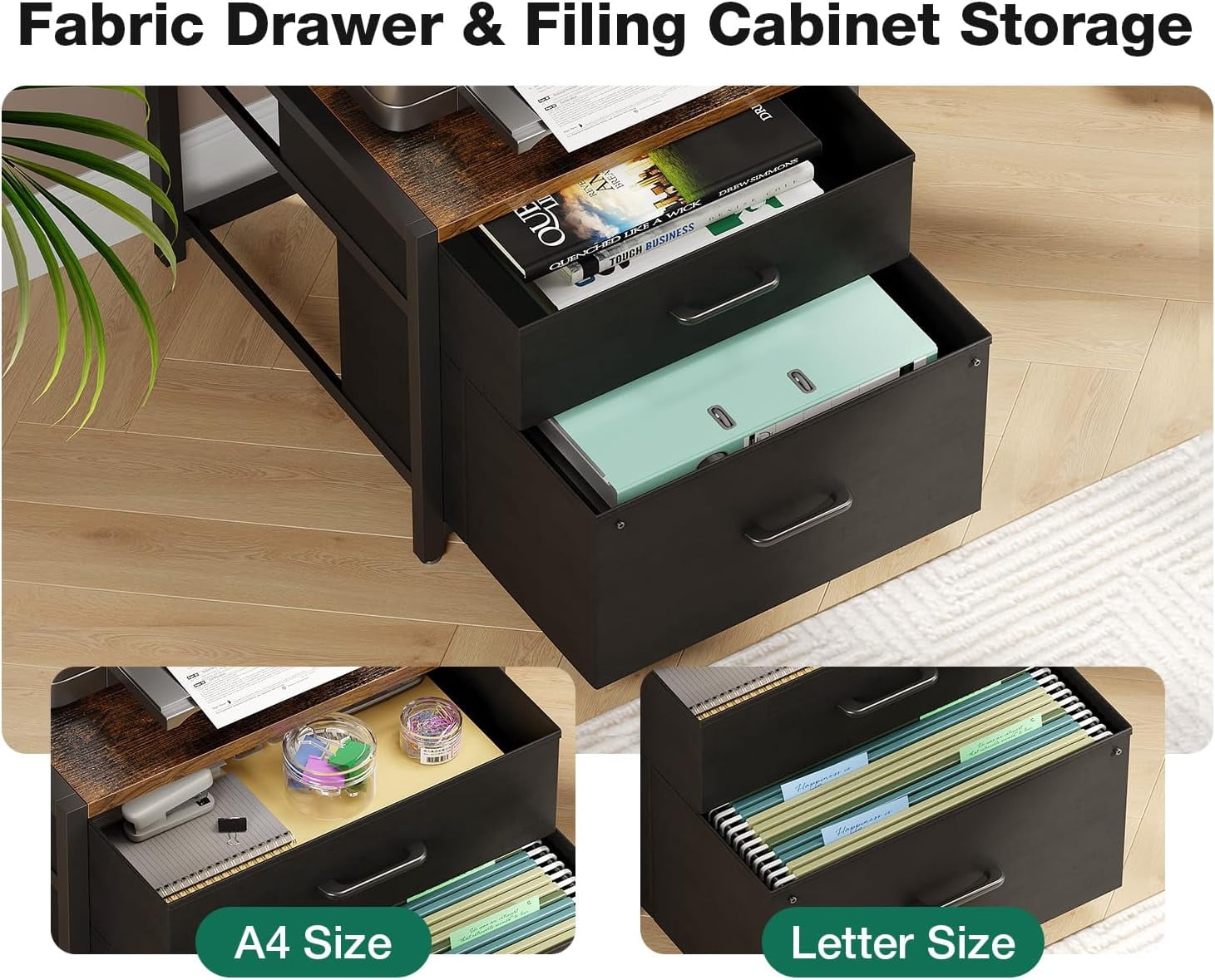 AODK 75" L Shaped Computer Desk with Power Outlet & File Drawers, Reversible Corner Desk for Home Office, Gaming & Remote Work, Includes Storage Shelves & Monitor Stand, Vintage