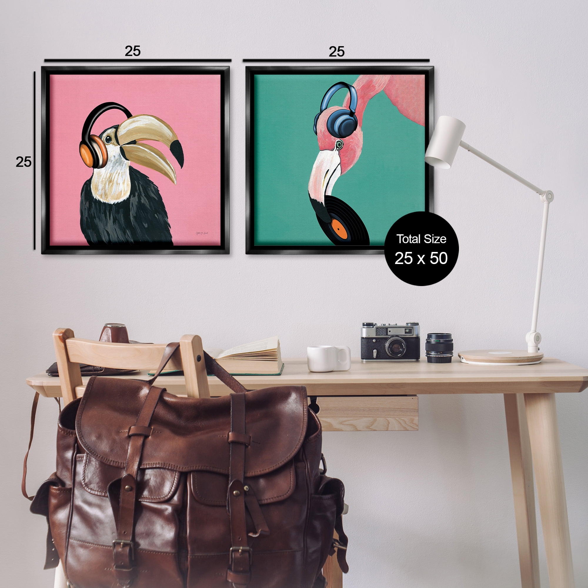 Stupell Industries Toucan and Flamingo Musical Pals Animals Painting Black Floater Framed Canvas Art Print Wall Art, 25 x 25, Set of 2