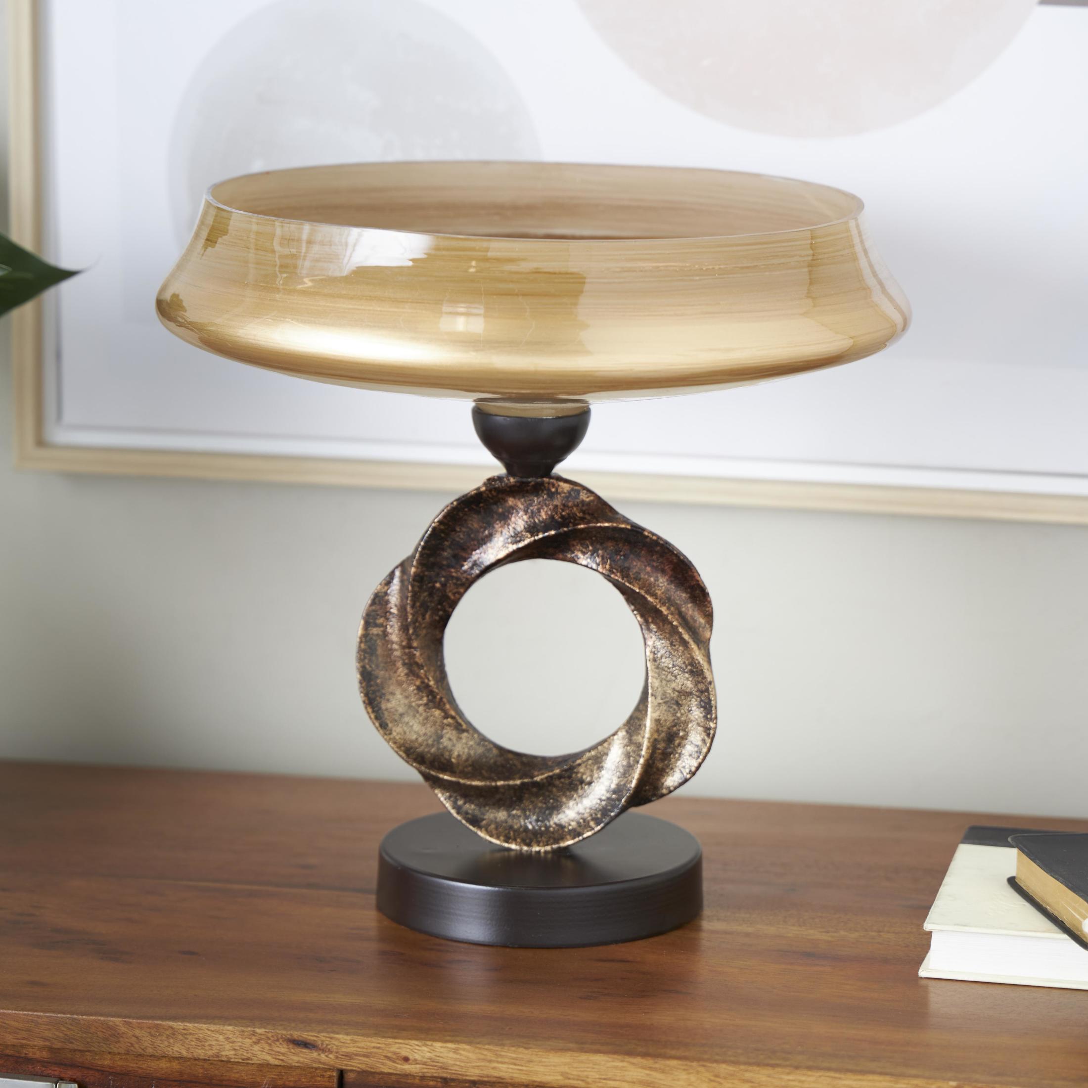 DecMode 12" Round Wide Brushed Brown Glass Decorative Bowl with Textured Bronze and Black Ring Base