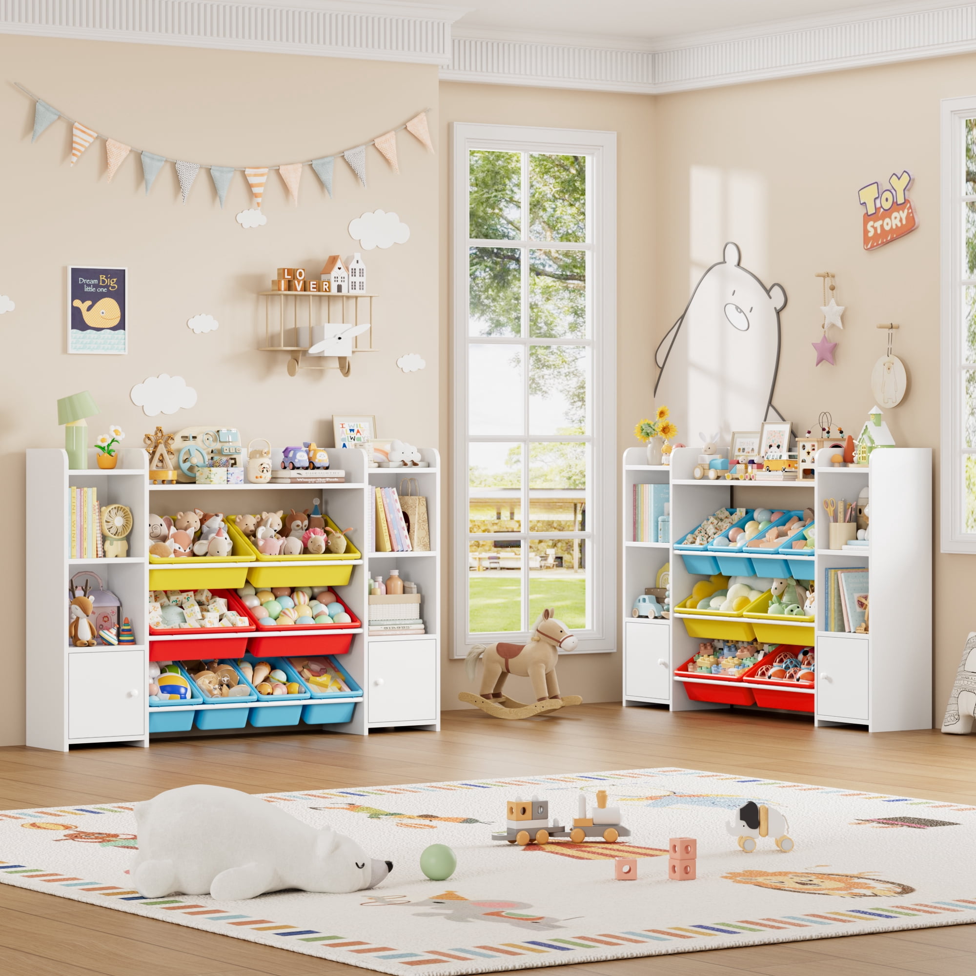 Homfa Kids Toy Storage Organizer Bookcase with 8 Bins, Storage Organizer Bookshelf with 2 Door for Children Playroom Organization, White/Red/Blue/Yellow