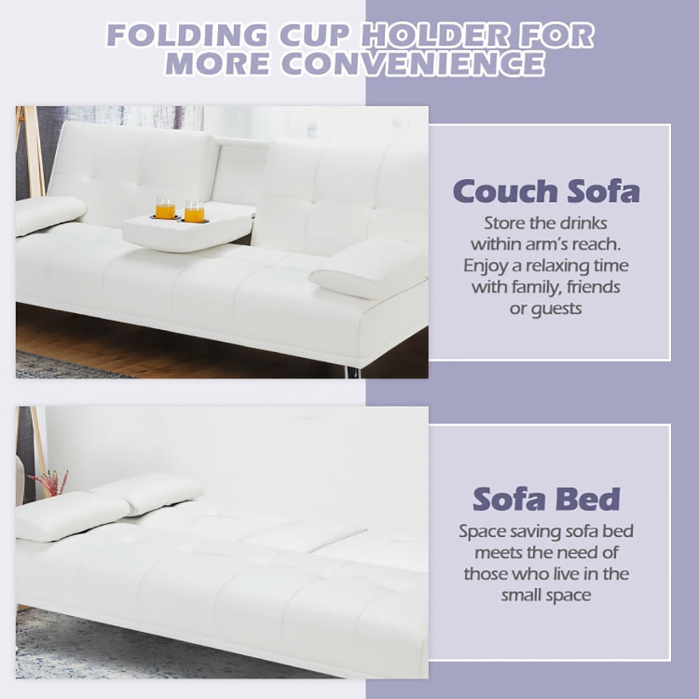 Finihen Futon Sofa Bed, Leather Couch, Convertible Folding Recliner, Convertible Folding Leather Futon Sofa with Cup Holders and Armrests, for Living Room, Bedroom, White Finihen Futon Sofa Bed, Leather Couch, Convertible Folding Recliner, Convertible Folding Leather Futon Sofa with Cup Holders and Armrests, for Living Room, Bedroom, White