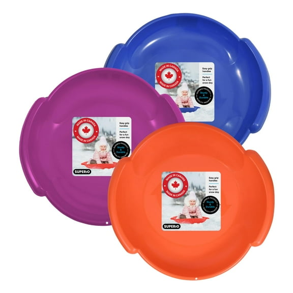 Superio Round Snow Sled, Heavy Duty Plastic Saucer Toddler Sled with Handles 24" Winter Snow Toys Fun for Kids and Adults 3-Pack, Blue-Fuchsia-Orange