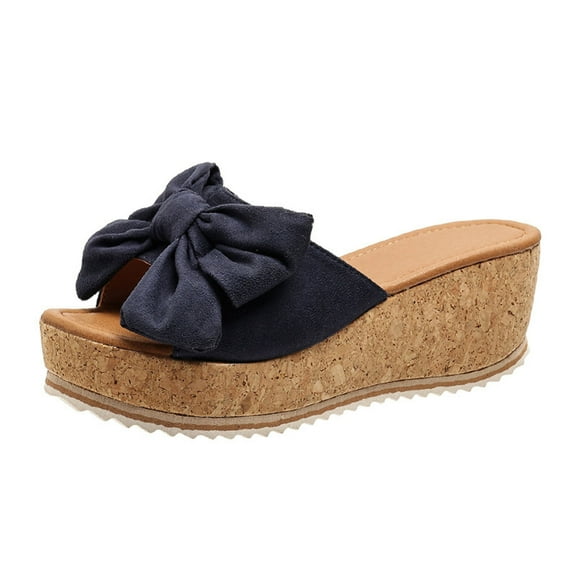 Nrmvnmi Women's Slippers Open Toe One-Line Platform Bow Platform Leopard Print Sandals Summer Comfortable Shoe Blue Mothers Day Gifts