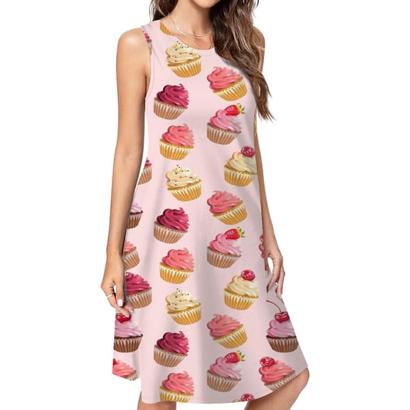 Delicious Pink Retro Cupcakes Spring Summer Dresses For Women Fashion Dress Casual Sleeveless Loose Sundress With Pockets