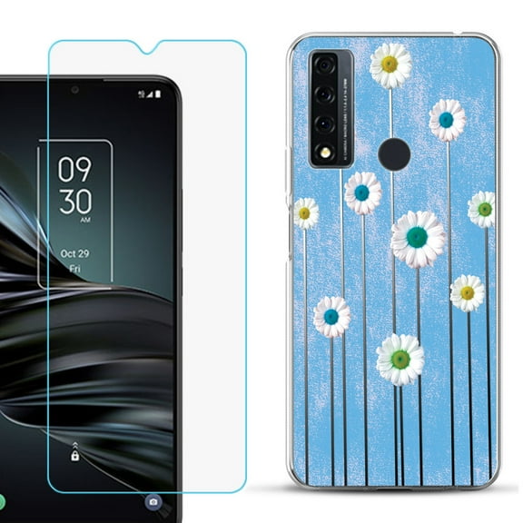 Slim-Fit Fashion Phone Case for TCL 20 XE, with Tempered Glass Screen Protector, by OneToughShield ® - Daisy Sky