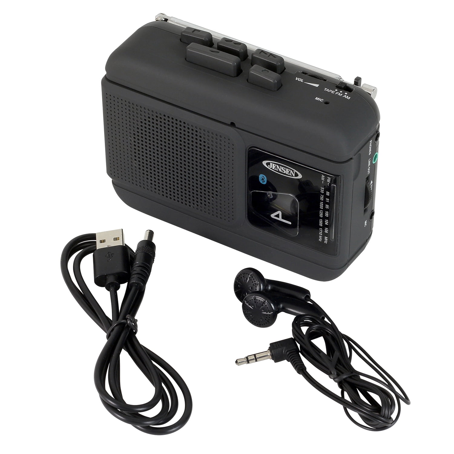 JENSEN Portable Bluetooth Personal Cassette Player/Recorder with Built-in Speakers, AM/FM Radio, Line Output, and Earbuds