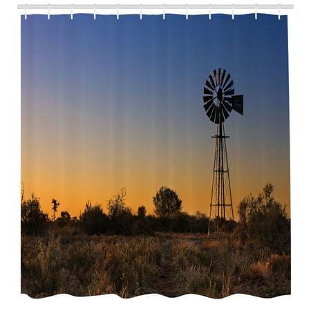 Kalahari Outdoor Windmill Shower Curtain, Sunset in Kalahari Peaceful Outdoors Agriculture Rural Nature Image, Fabric Bathroom Set with Hooks, Blue Brown and Marigold, by Ambesonne ()