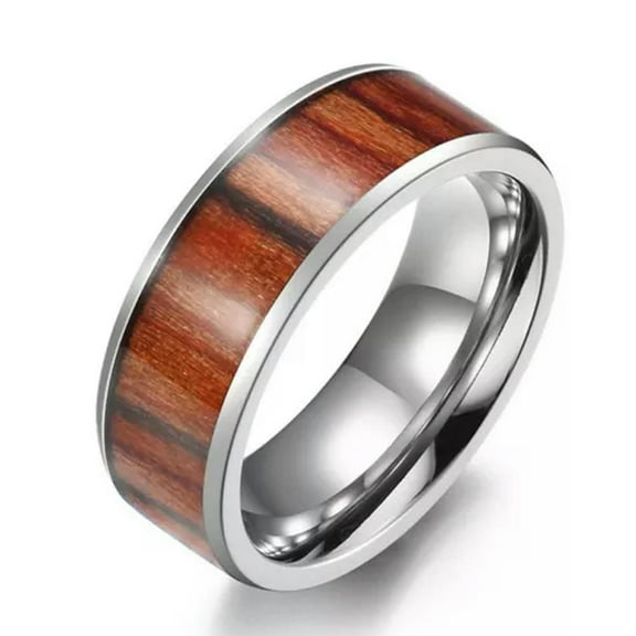4MM/6MM/8MM Silver Band Men Women 316L Stainless Steel Wood Inlay Ring Size 6-12