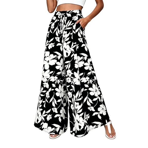 Tbopshirt Pants for Women Printed Casual Wide Leg Pants with Pockets and Elastic Waist,Black,S-XXL