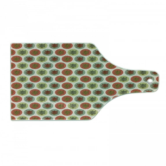 Tree Cutting Board, Abstract Spruces Fir Pine Trees on Pastel Color Spots Christmas Theme Cartoon Forest, Tempered Glass Cutting and Serving Board, Wine Bottle Shape, Multicolor, by Ambesonne