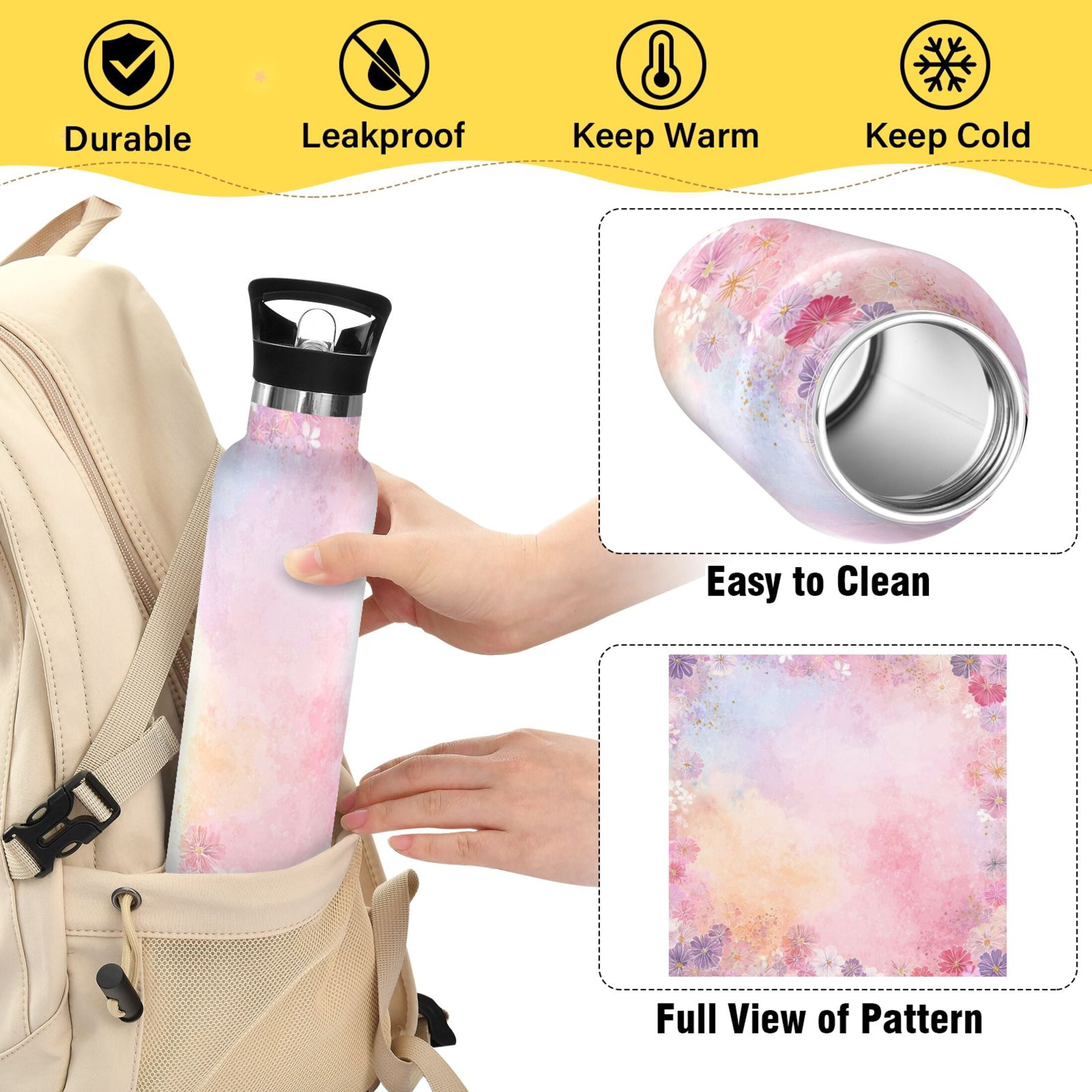 Kids Insulated Stainless Steel Sports Water Bottle 600ml (20oz) Colorful Pastel Floral Pattern